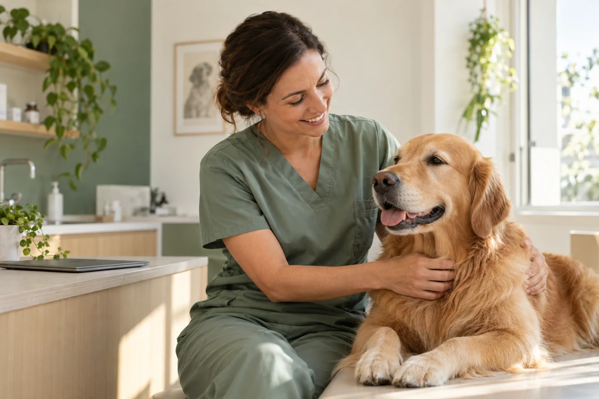 Veterinária acompanhando um cão em um ambiente de atendimento